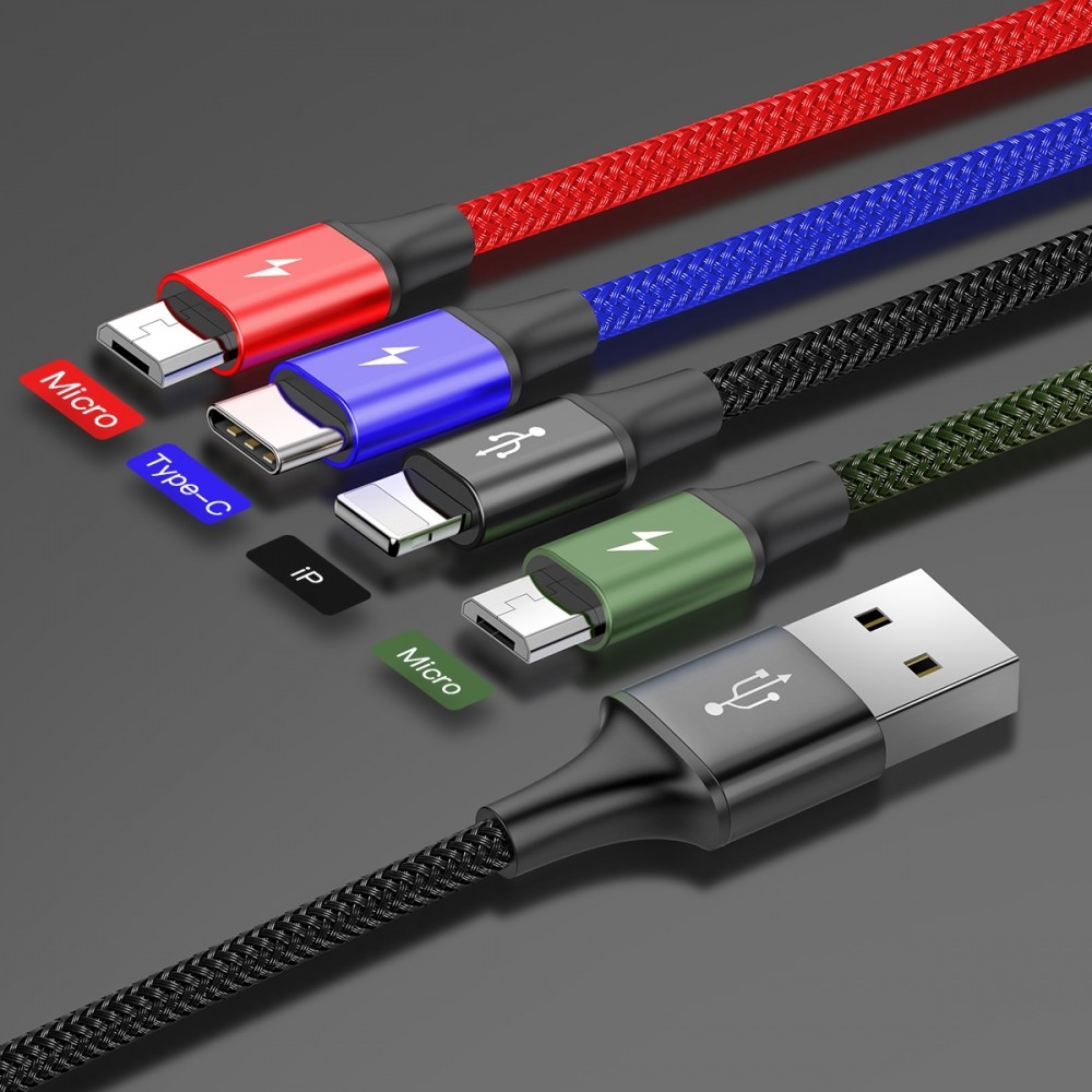 Кабель Baseus 4 in 1 Rapid Series USB - USB Type-C/Lightning/2xmicroUSB (CA1T4-C01) 1.2 м - черный