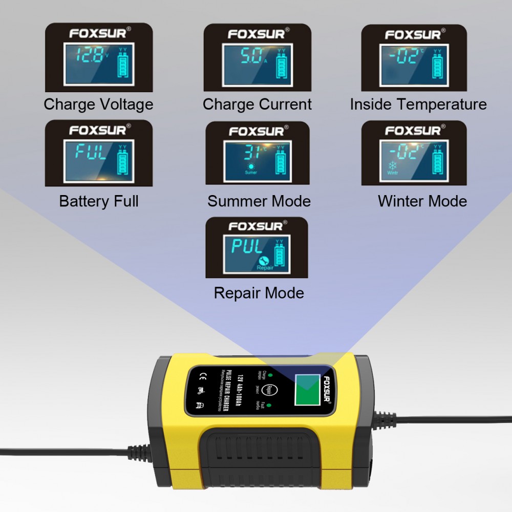 Автоматическое зарядное устройство для 12В автомобильных аккумуляторов, FOXSUR FBC1205D (5A)