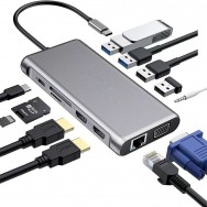 USB-концентратор с Type-C 2xHDMI | RJ-45 | VGA | 4xUSB 3.0 | AUX | Type-C | SD | TF | PD