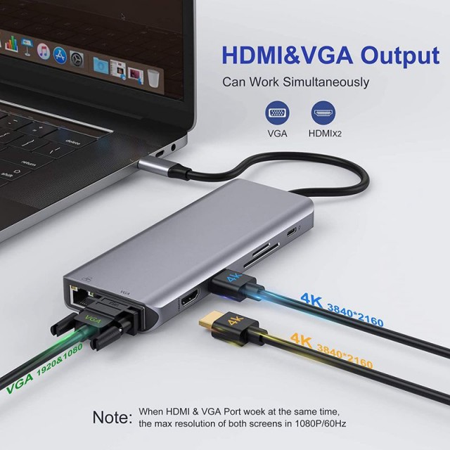 USB-концентратор с Type-C 2xHDMI | RJ-45 | VGA | 4xUSB 3.0 | AUX | Type-C | SD | TF | PD