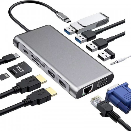 USB-концентратор с Type-C 2xHDMI | RJ-45 | VGA | 4xUSB 3.0 | AUX | Type-C | SD | TF | PD
