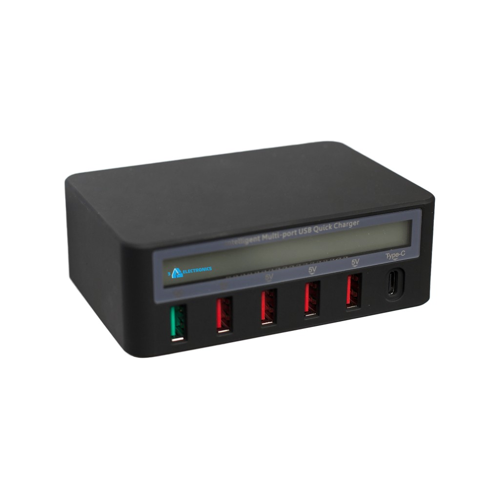 Зарядное устройство с индикацией потребления - 6 портов + QC3.0, черное