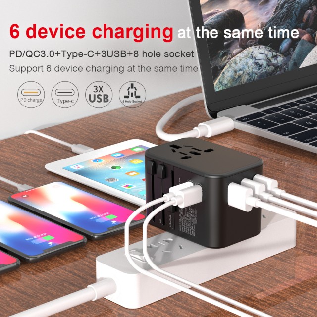 Адаптер-переходник для путешествий 3xUSB и 2xType-C PD JY-307 Max US EU UK