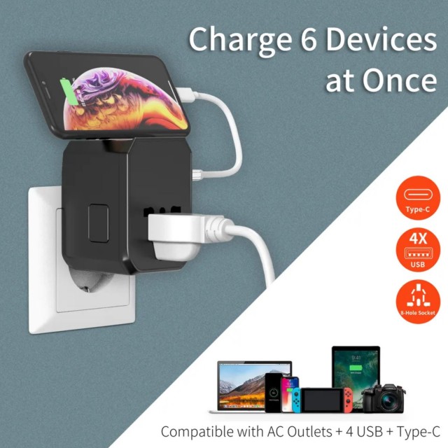 Адаптер-переходник для путешествий 4xUSB и Type-C JY-305A US EU UK