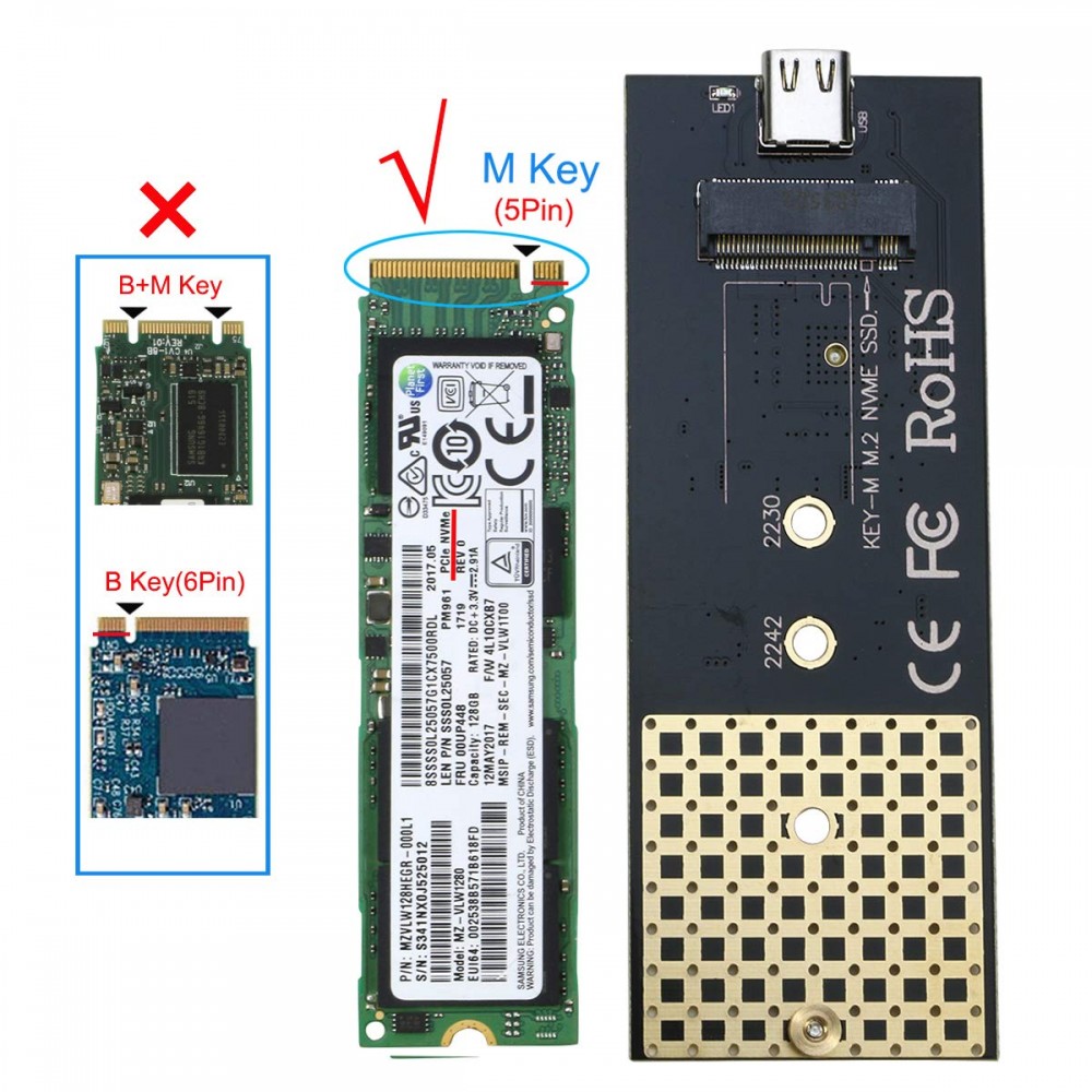 Бокс для жесткого диска SSD M2 (NVME M-key) - Type-C / USB 3.0 алюминиевый (черный) с двумя проводом - RTL9210B